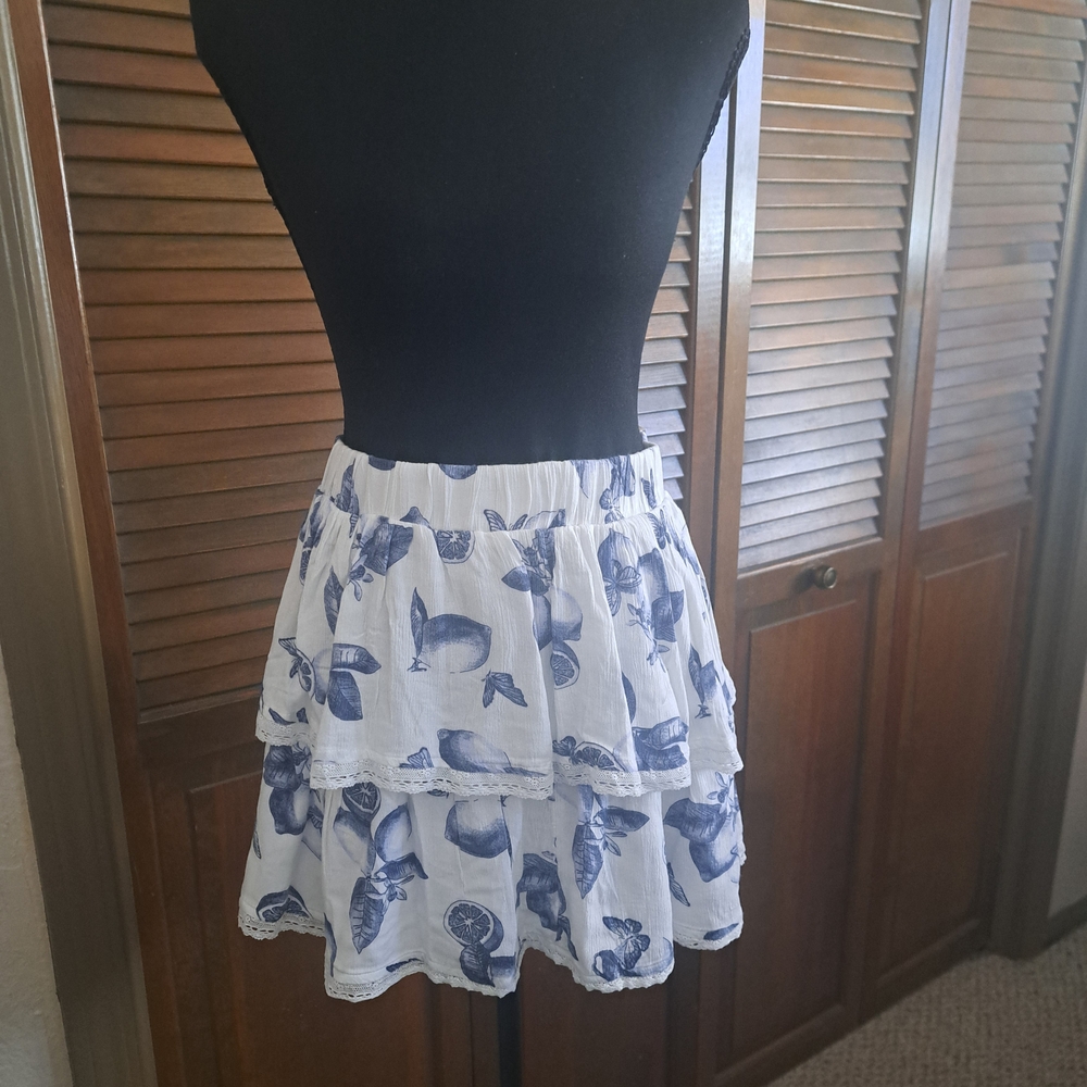 SO White Mini Skirt with Blue Floral Tiered Ruffles